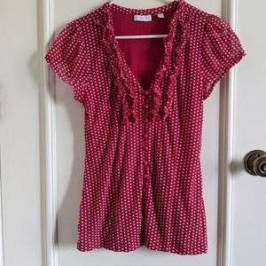 New York & Company Pink Polka Dot Short Sleeve Blouse